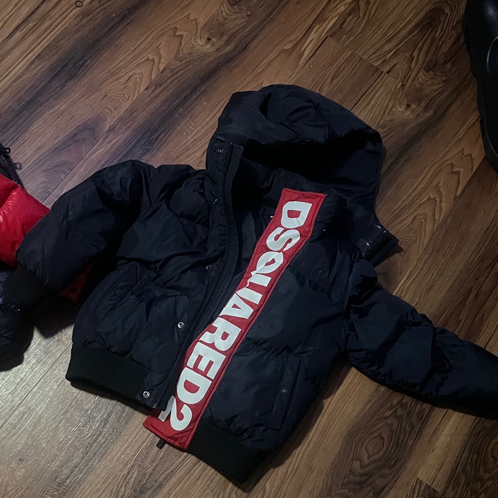DSQUARED2 Blue puffer coat with Red Logo Detail